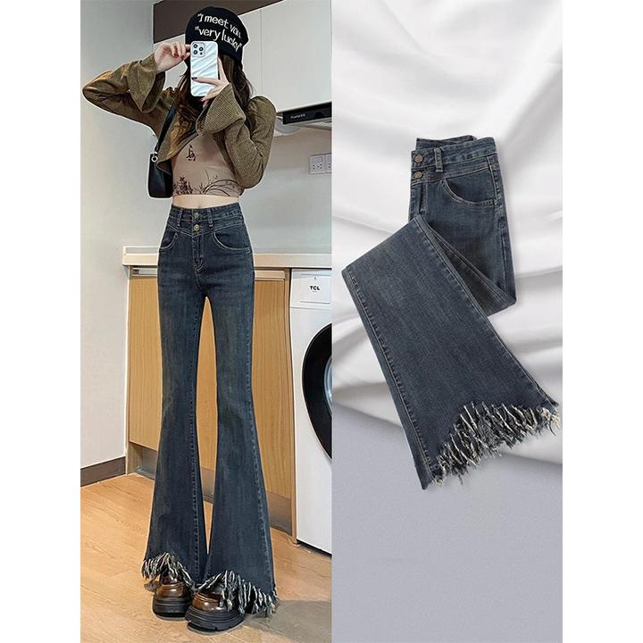 微喇牛仔裤女秋冬高腰复古修身小个子加绒流苏毛边拖地喇叭长裤子