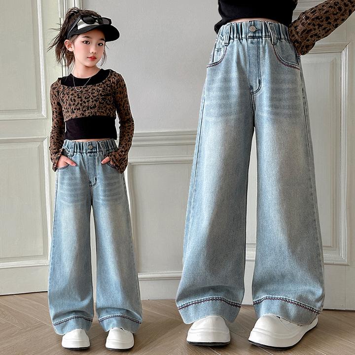 女童阔腿牛仔裤春秋季儿童中大童装新款2025小女孩直筒垂感长裤子