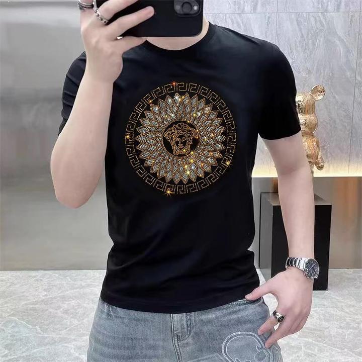 经典百搭美杜莎烫钻烫图轻奢男士短袖丝光棉修身轻奢弹力修身T恤