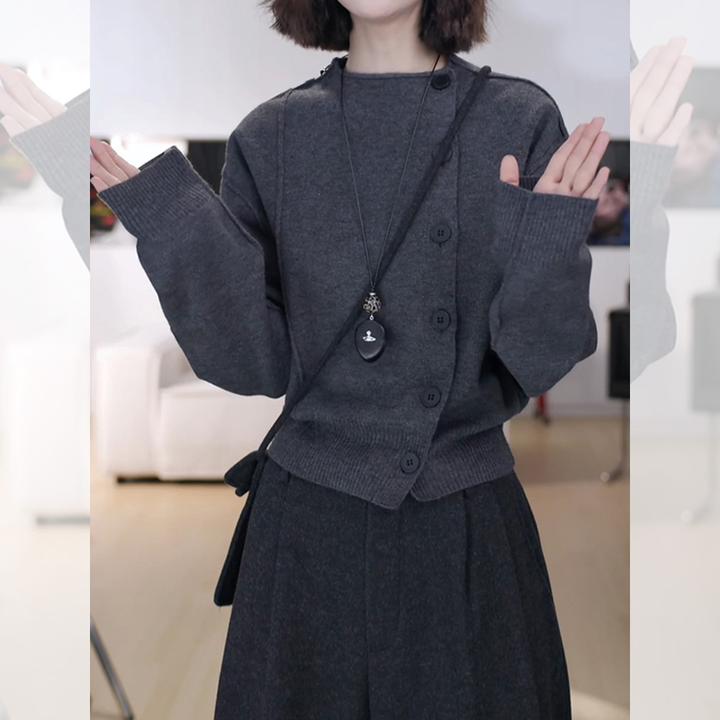 韩系纯色开衫毛衣女秋冬季大码女装高级感纽扣针织衫宽松外套上衣