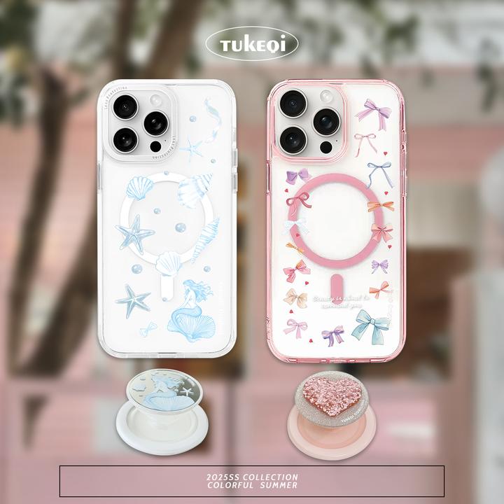 兔可七原创粉蝴蝶结磁吸透明壳适用IPhone夏日不撞款手机保护壳