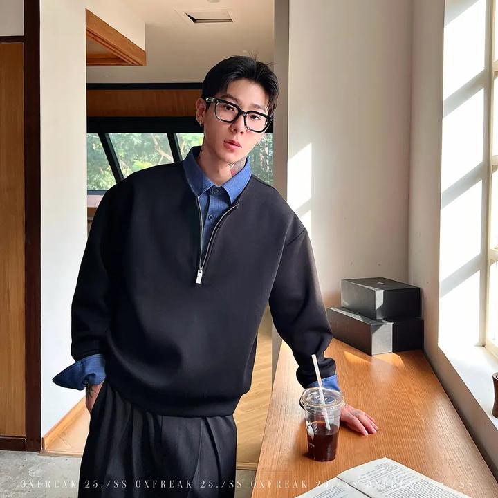 OXFREAK「衬衫式內襟」500g重磅假两件半拉链卫衣男秋冬翻领长袖