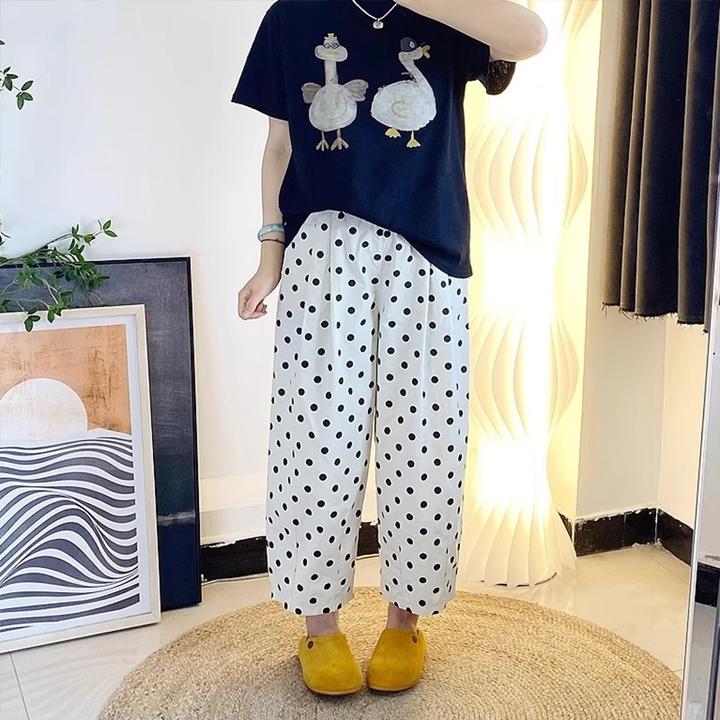 日系简约波点气球裤女2025夏季薄款胖mm松紧腰宽松显瘦九分休闲裤