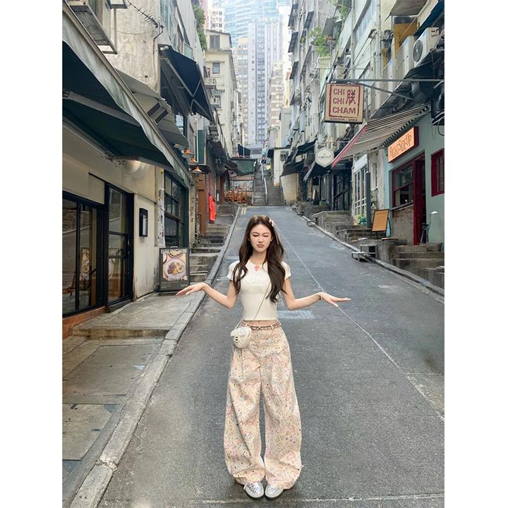 2025春夏新款时尚设计感修身显瘦短袖T恤女高腰百搭阔腿裤两件套