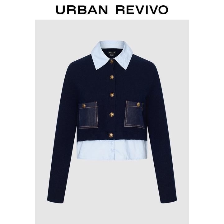 UR2025秋季新款女气质撞色假两件拼接短款针织开衫UWM950105