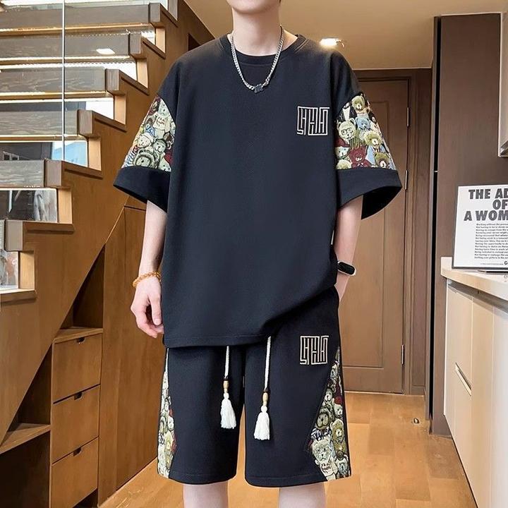 夏季短袖男装薄款半袖 T恤中国风短袖短裤男装时尚百搭印花套装潮