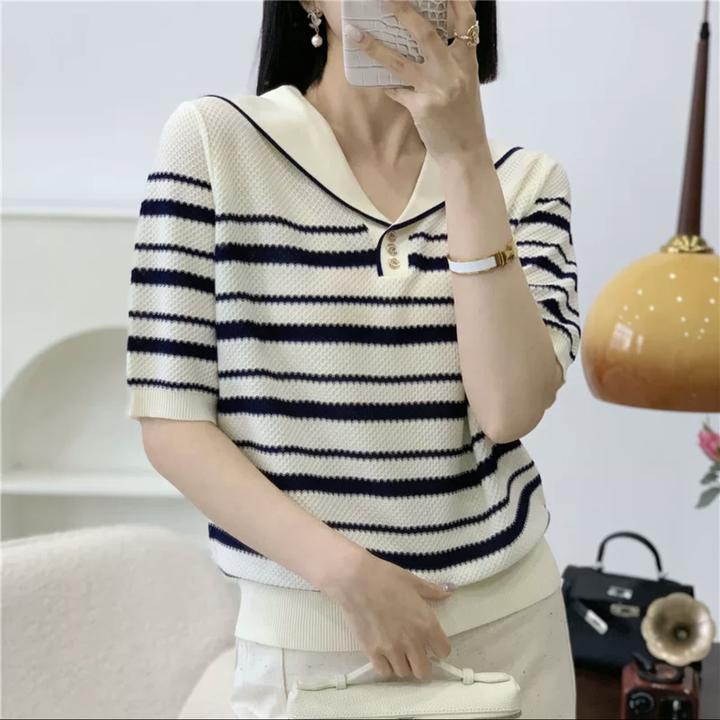 宽松显瘦【80-160斤】冰丝短袖女海军领高级百搭2025夏上衣女019