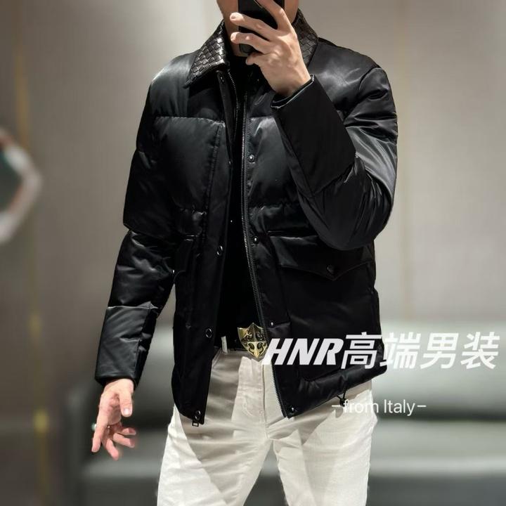 绵羊皮拼接方格领设计纯色男士时尚百搭羽绒服88909