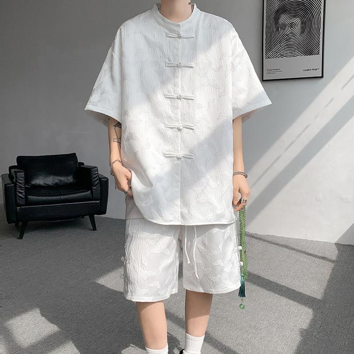 新中式国风套装男夏季痞帅高级感休闲冰丝衬衫短袖短裤唐装两件套