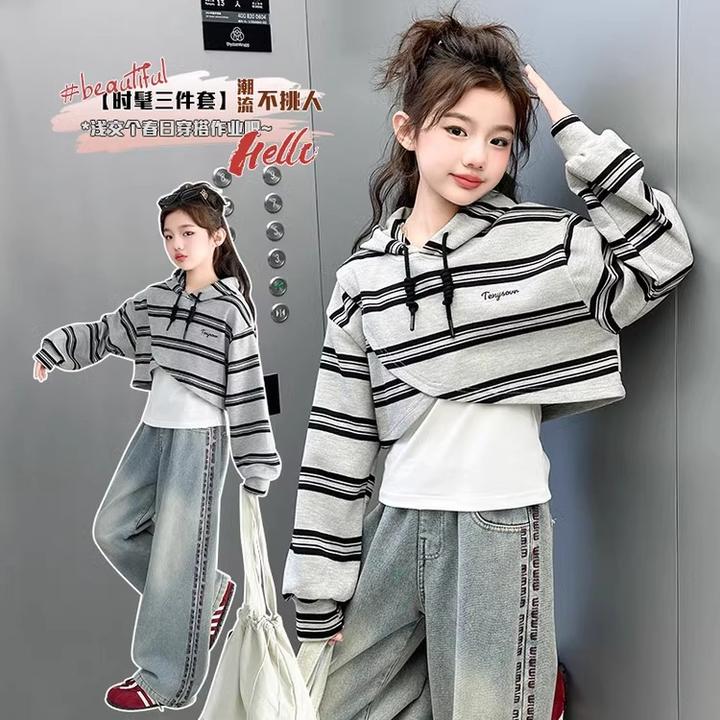 韩国女童卫衣春装套装2025新款中大童女孩卫衣牛仔阔脚裤三件套潮