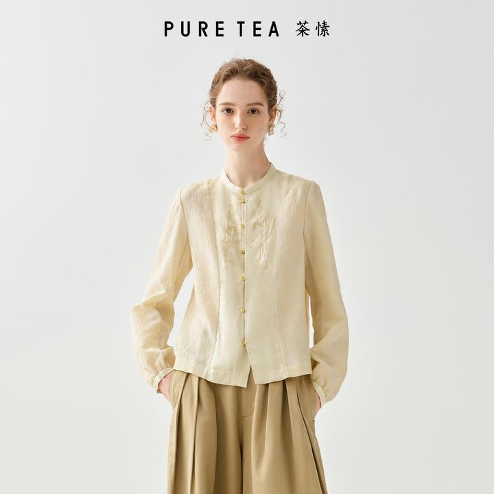 【商场同款】茶愫缎面撞料绣花衬衫女烧边果实扣秋新TB1101C31