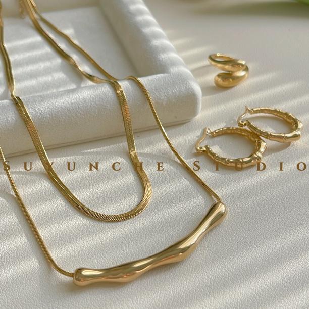 钛钢项链 Suyunche703时尚新款竹节双层叠加三件套锁骨链饰品小众