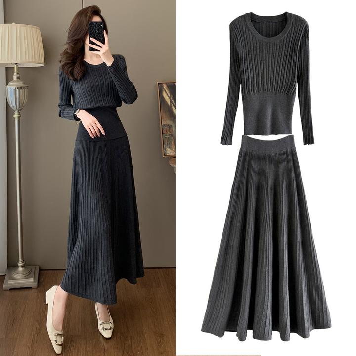 网红早秋穿搭时尚套装轻熟风长袖针织衫显瘦高腰半身长裙两件套女