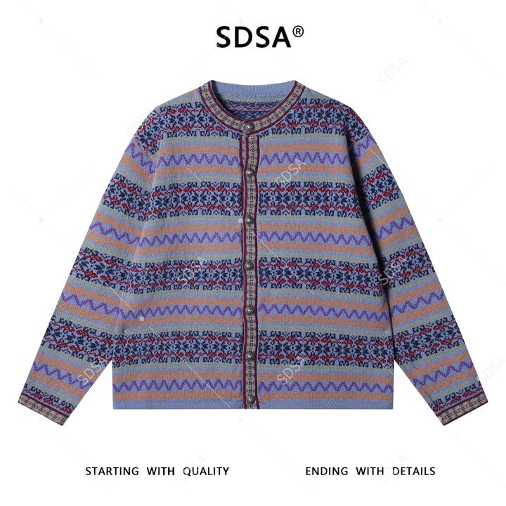 SDSA秋冬新款痞帅男装潮牌民族风提花条纹纽扣开衫圆领毛衣针织衫
