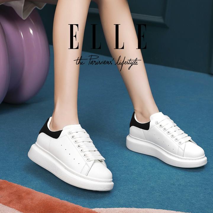 ELLE经典款时尚黑皮尾小白鞋女百搭厚底休闲鞋踩屎感白色系带板鞋