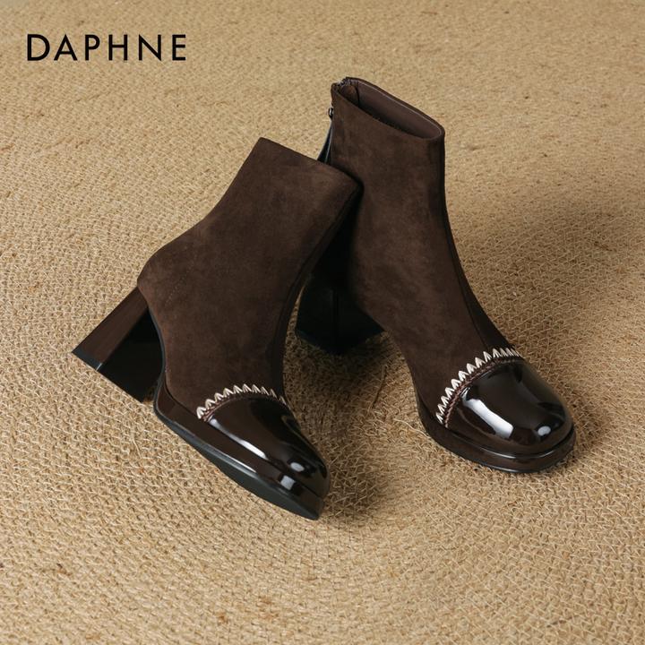 达芙妮新款法式短靴女款2025秋季小香风圆头拼接瘦瘦靴粗跟单靴子