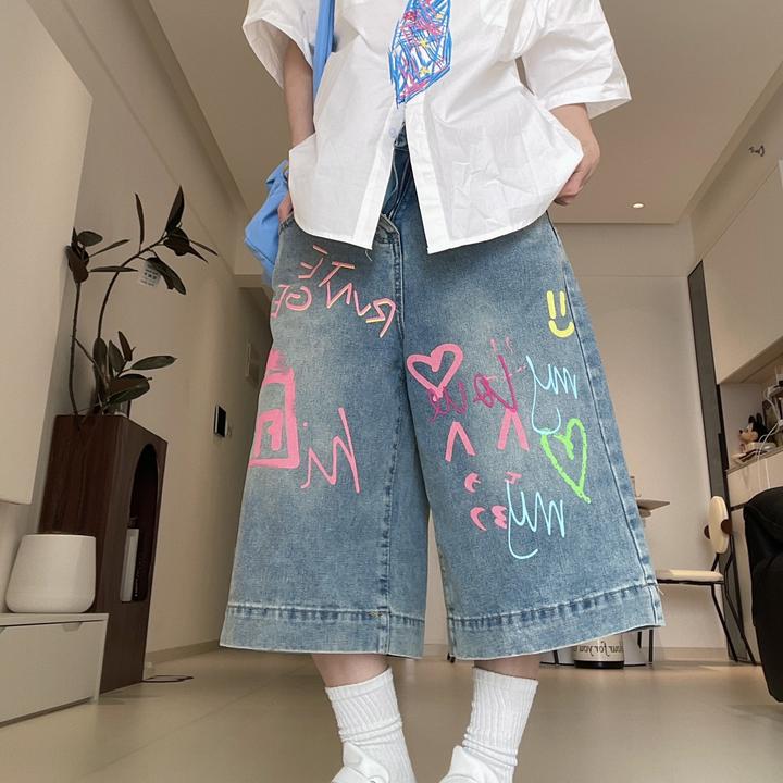 美式复古涂鸦牛仔裤七分裤女夏季2025新款八分中裤宽松直筒阔腿裤