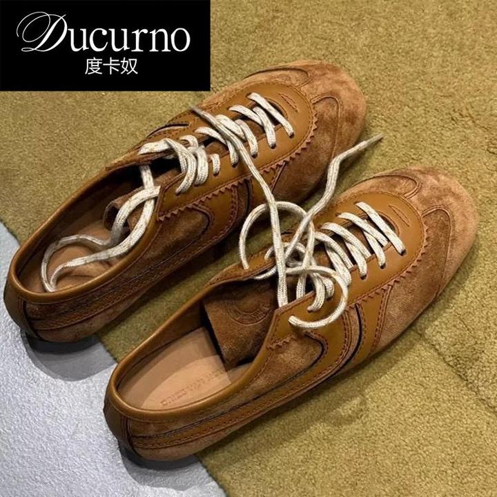 DUCURNO 复古德训鞋女小众复古运动鞋百搭真皮圆头棕色阿甘板鞋子