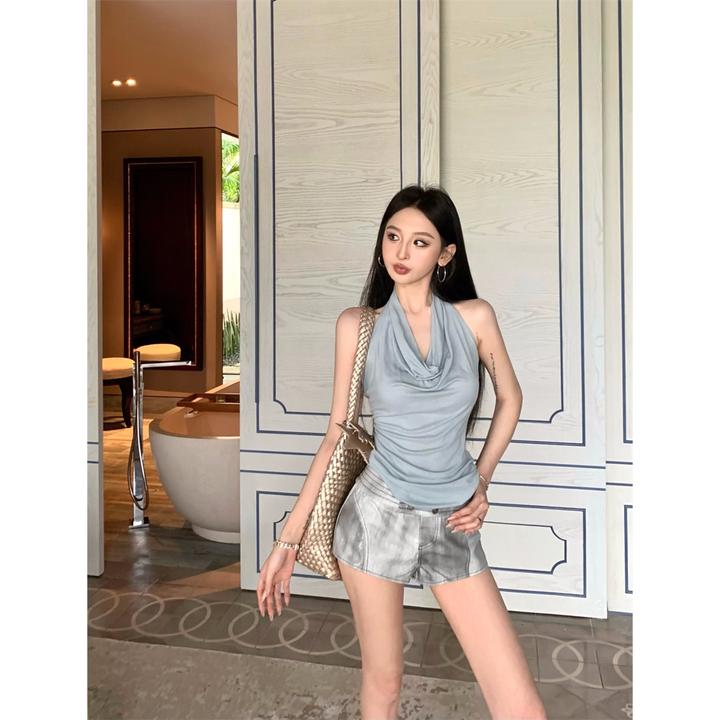 洋气夏季感设计冰丝夏天T恤女款宽松外穿无袖无痕显瘦棉挂脖2025