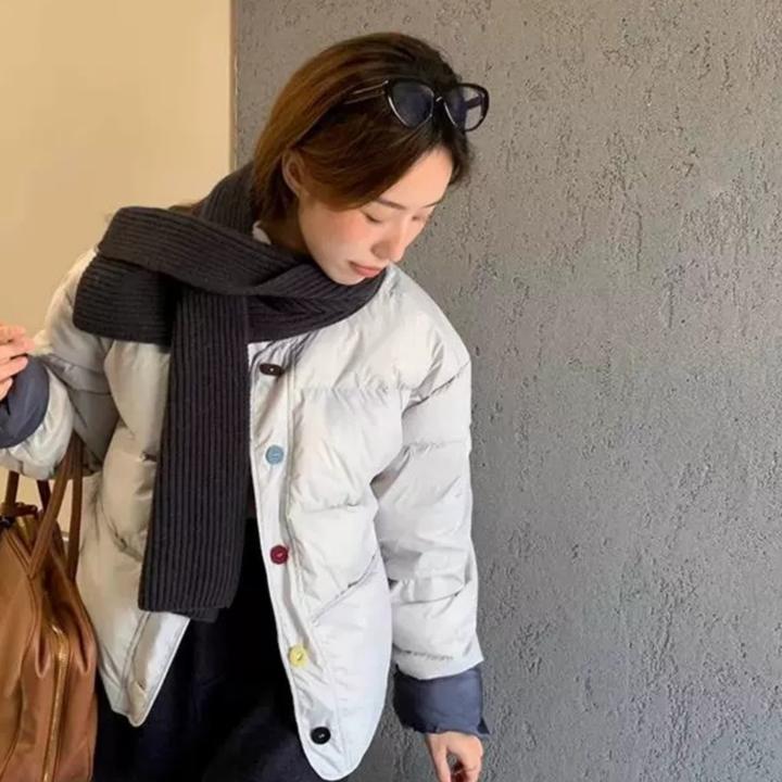 奶蓝色短款棉服女冬季2025新款韩系温柔风小个子显瘦圆领棉衣外套