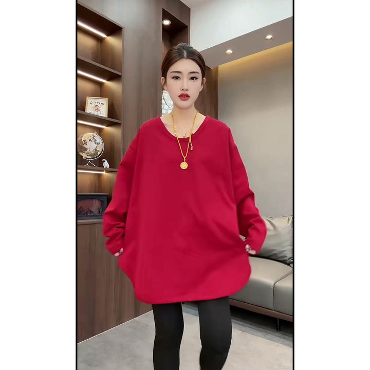 锁骨领U领长袖T恤净版显瘦时尚休闲宽松中长款百搭秋冬
