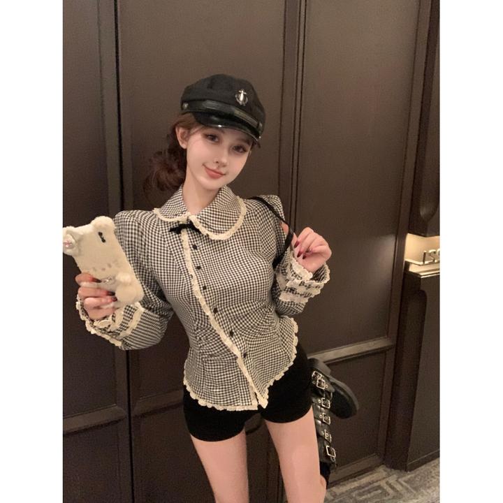减龄少女格纹衬衫斜襟娃娃领显瘦衬衣EQ20