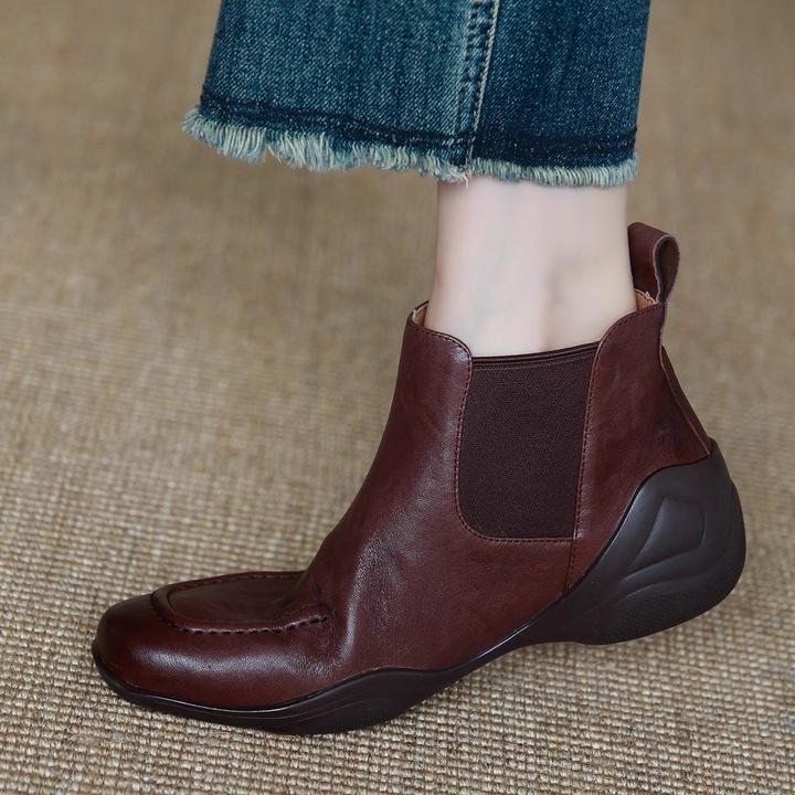 MENEER-M2025新款真皮方头平底短靴女复古及踝靴厚底休闲切尔西靴