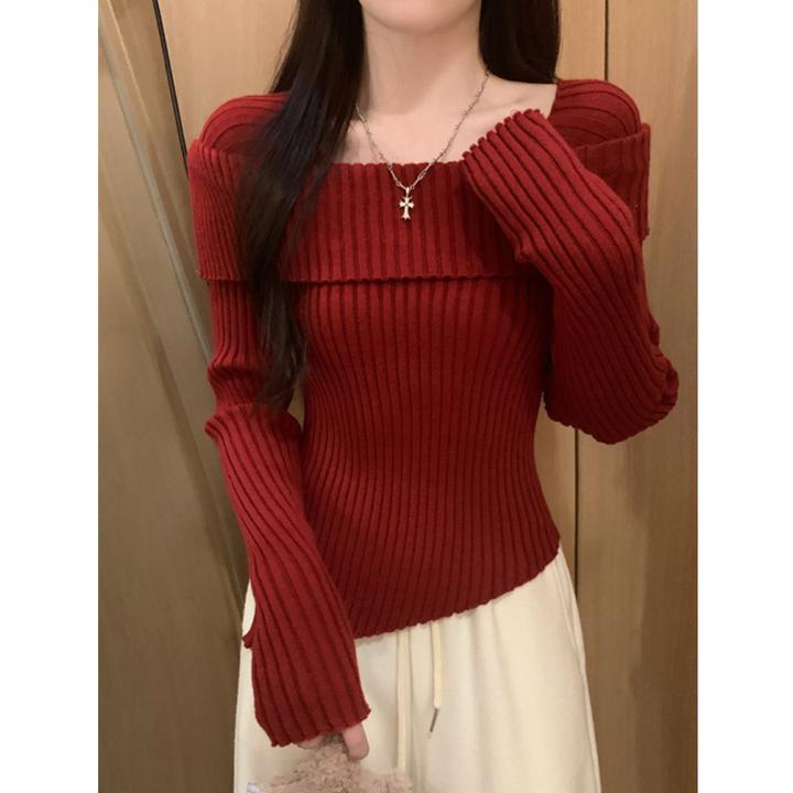 一字肩不规则毛衣女2025春春季新款红色修身短款打底针织衫上衣款