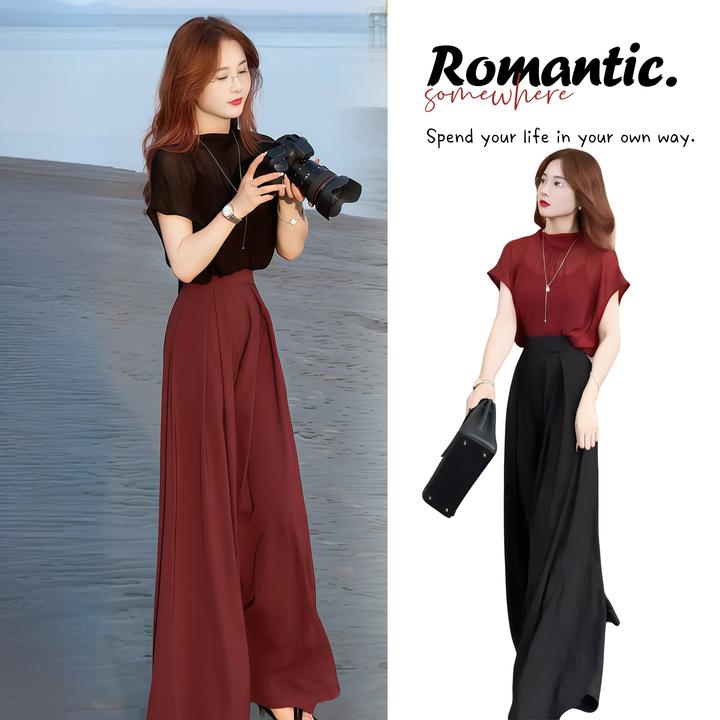 洋气套装女2025夏季新款修身显瘦雪纺衫高腰阔腿裤气质减龄套装女