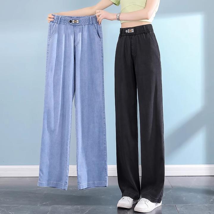 高中初中生冰丝直筒长裤夏季薄款松紧腰学生九分天丝牛仔阔腿裤女