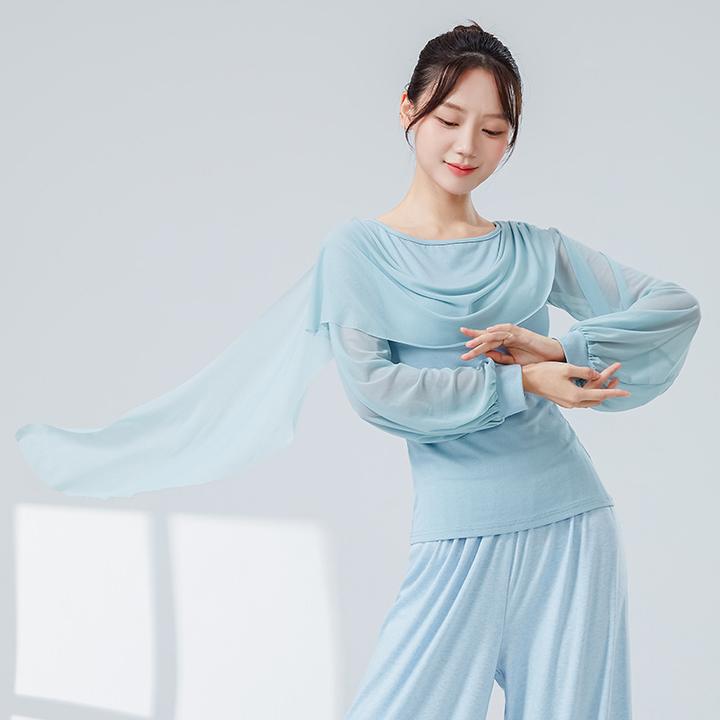 古典舞练功服女新款长袖飘片秋冬加密加厚网纱上衣飘逸演出舞蹈服