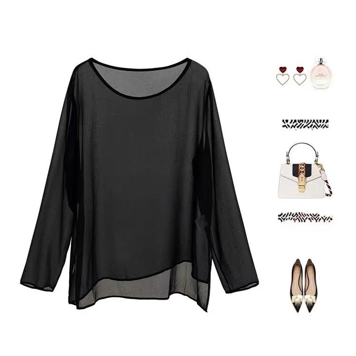 薄款长袖2025夏季薄纱女装圆领上衣宽松衬衫内搭气质黑色防晒衫