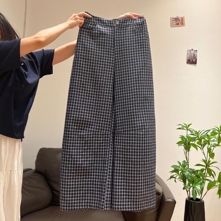 藏蓝格纹设计感百搭休闲裤女2025年夏日新款小个子高腰显瘦直筒裤