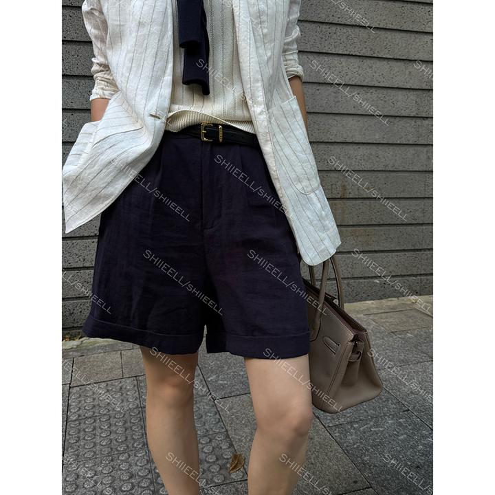 SHIIEELL现货 夏季新款老钱风百搭汉麻高腰休闲洋气阔腿短裤Z8305