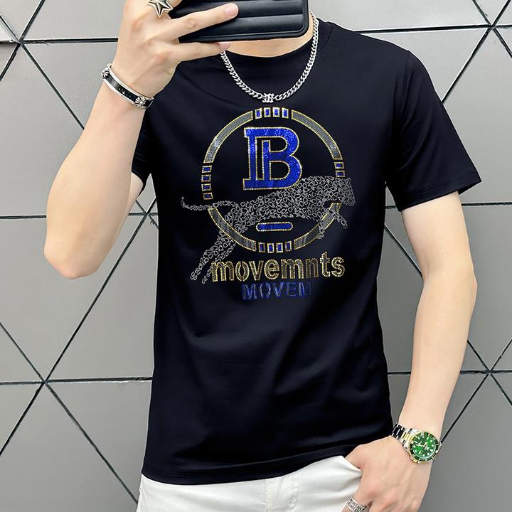 欧货夏季丝光棉短袖t恤男士潮圆领修身时尚男装半袖薄款烫钻短袖