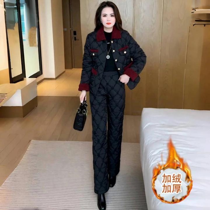 高级感加绒加厚时尚套装女士冬季新款小香风撞色棉衣保暖两件套潮