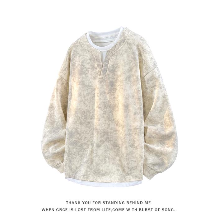 假两件扎染脏脏圆领卫衣男春季加肥大码潮胖人宽松青少年休闲内搭