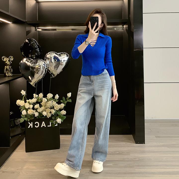 春秋新款女装时尚套装蓝色针织衫搭配直筒牛仔裤百搭休闲两件套潮