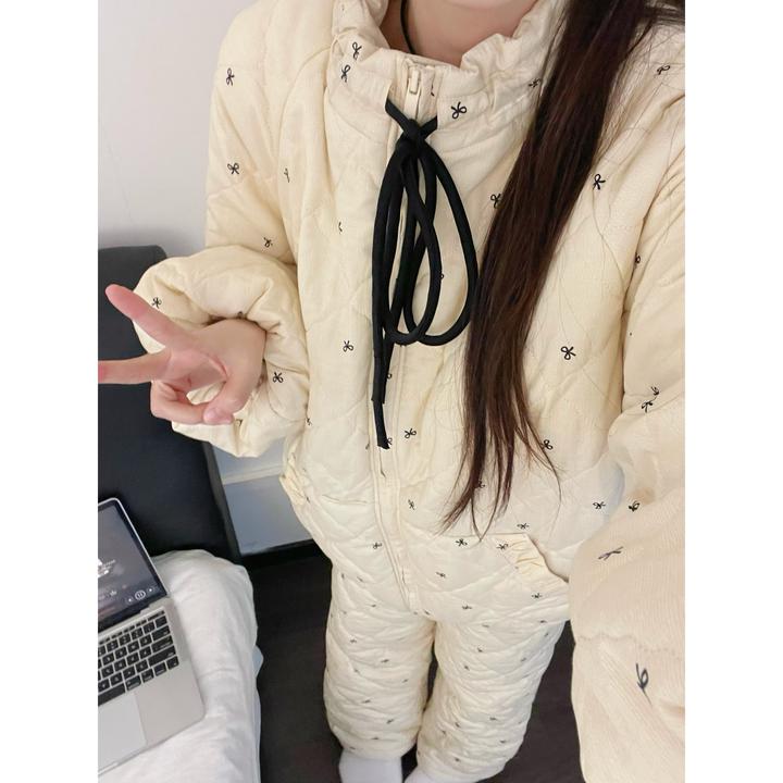 【DMXJ大梦想家】法式少女蝴蝶结夹棉睡衣女秋冬新款舒适家居服套装