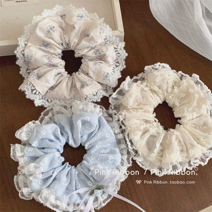 韩系少女心马卡龙色系蕾丝花边重工大肠发圈温柔甜美碎花蝴蝶结女