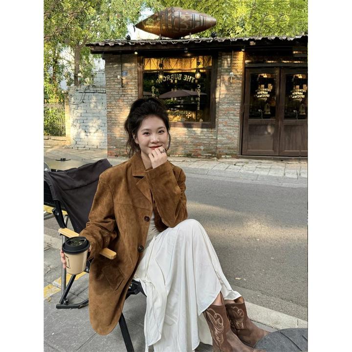 潮走咖色麂皮绒西装皮衣外套女2025秋季新款美拉德棕色宽松小个子