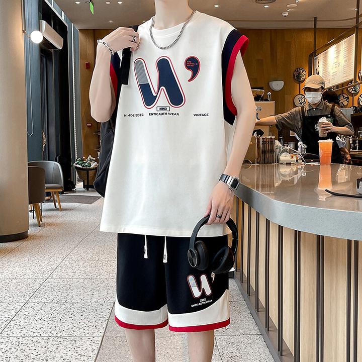 男生夏装透气速干背心短裤套装青少年学生宽松帅气无袖T恤两件套