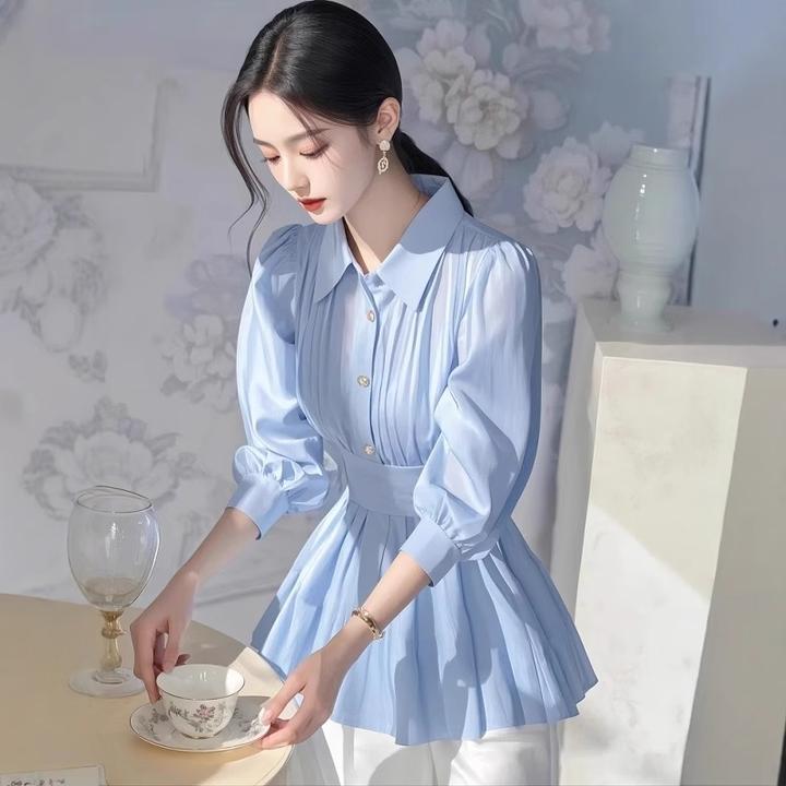 法式超好看蓝色收腰衬衫女2025年春季新款高级感轻奢独特气质衬衣
