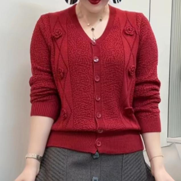 花朵v领不起球针织开衫
