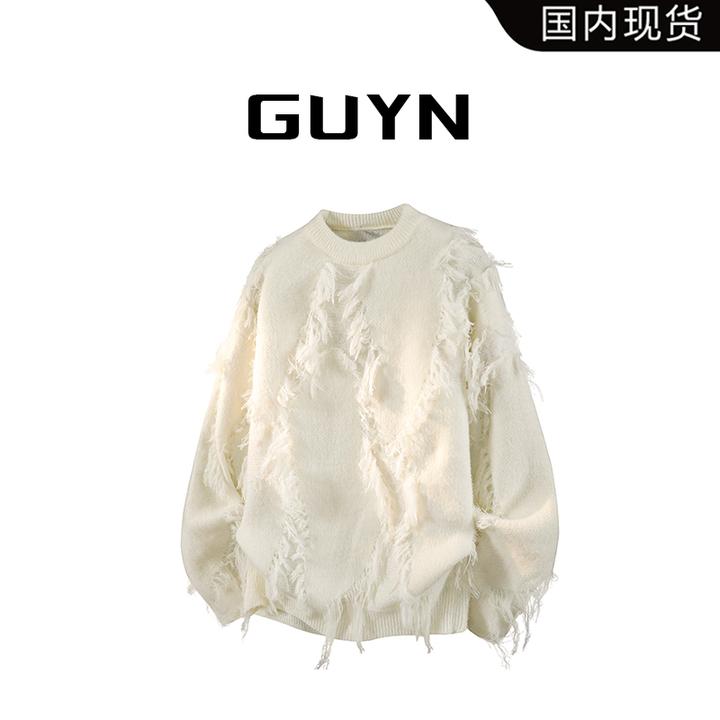 【品牌现货】GUYN早秋季复古流苏毛衣男款保暖美式破洞套头上衣男装