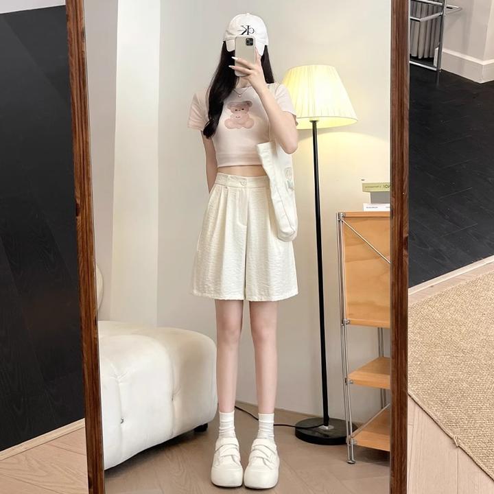 白色奶芙西装短裤女夏季薄款宽松显瘦冰丝山本外穿休闲阔腿五分裤