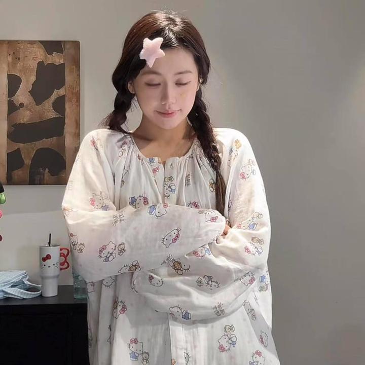 新款日系ins风甜美可爱卡通凯蒂猫印花睡衣女春秋长袖宽松家居服