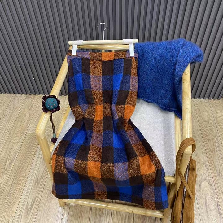 秋冬复古高腰撞色格子毛呢半身裙后开叉显瘦羊毛包臀裙女Q2514