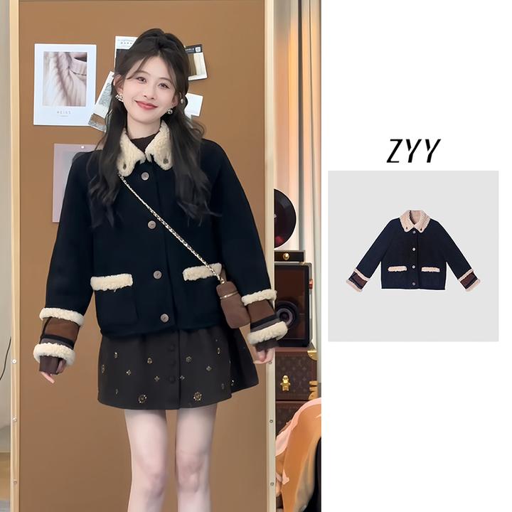 ZYY【罗马画报】2025S/S羊羔毛麂皮绒翻领羊羔毛两穿X25DDY05472