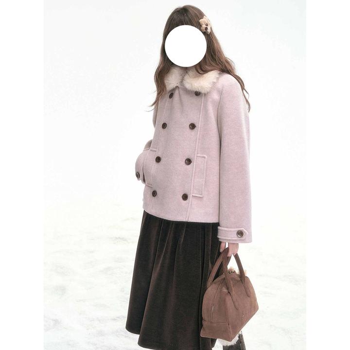 粉色信件 韩系甜美可拆毛领双排扣夹棉毛呢外套2025简约气质大衣